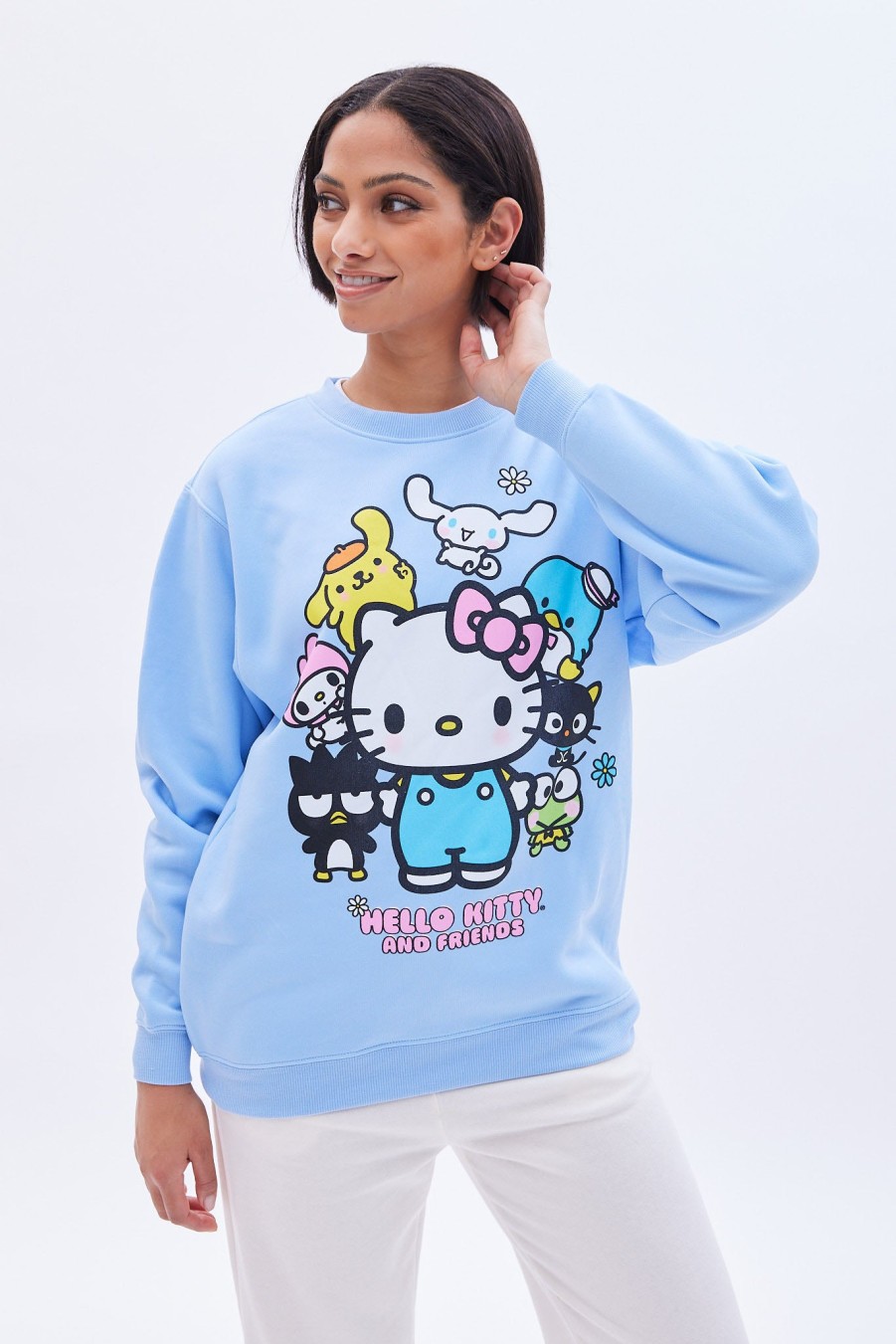 Aux Femmes Aéropostale Sweats A Capuche + Sweat-Shirts | Sweat-Shirt Oversize A Col Ras Du Cou Avec Motif Hello Kitty Et Ses Amis Bleu Bebe