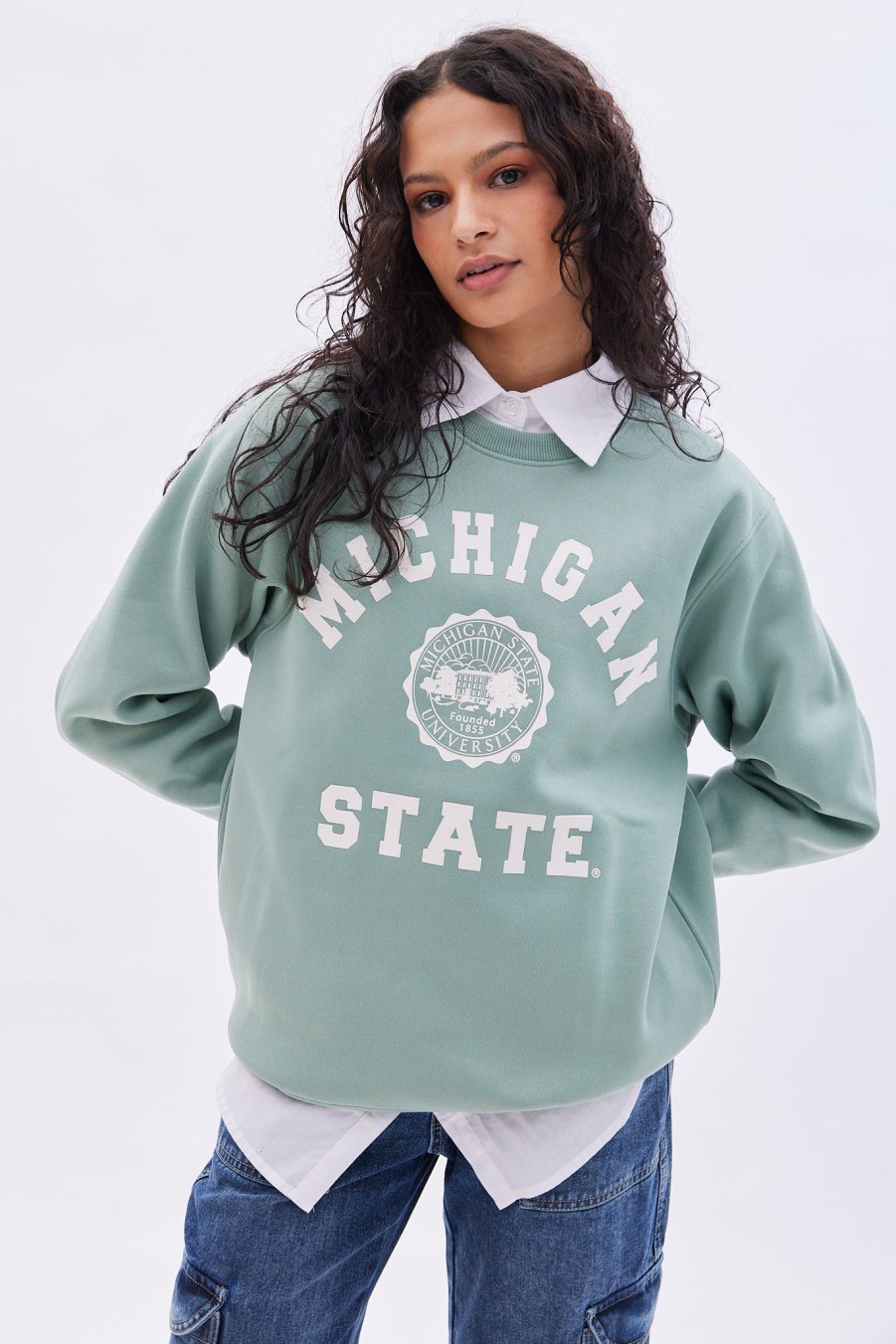 Aux Femmes Aéropostale Sweats A Capuche + Sweat-Shirts | Sweat-Shirt Surdimensionne A Col Ras Du Cou Et Graphique Michigan State Sage