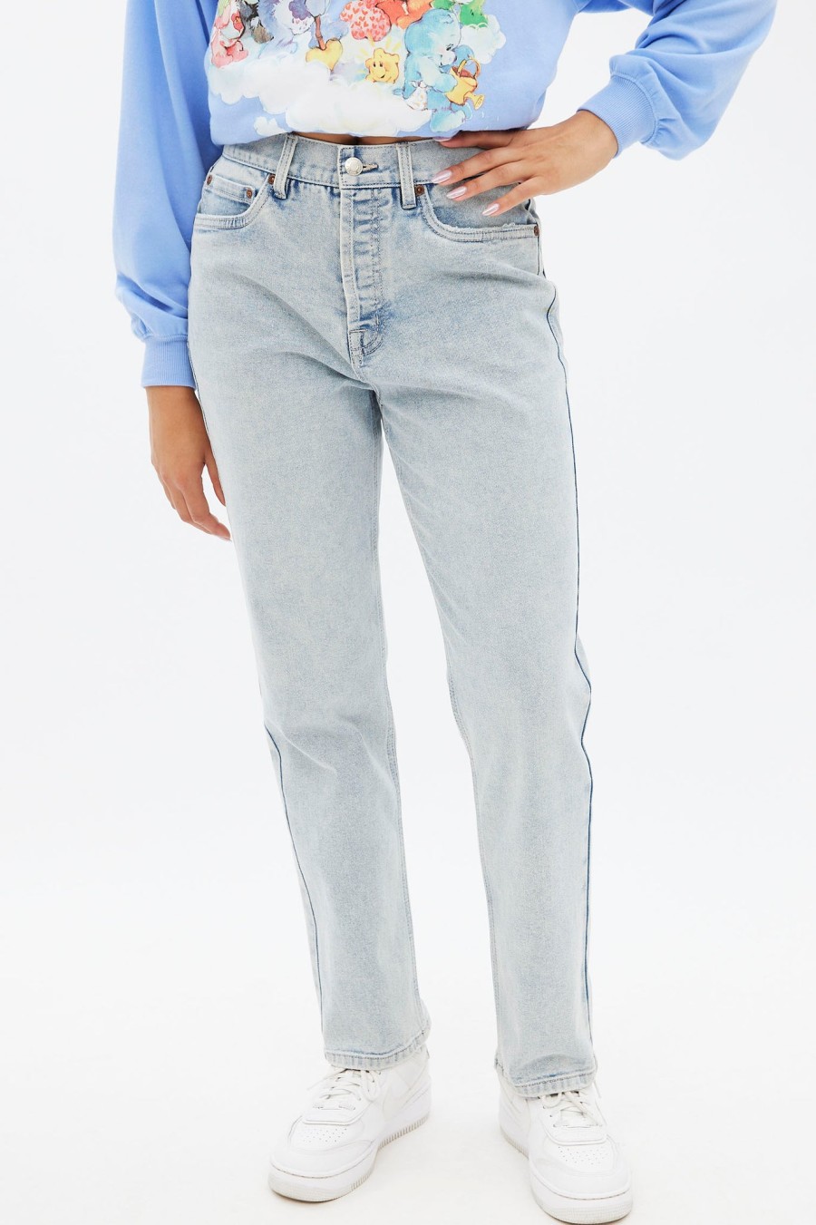 Aux Femmes Notes bleues | Jean Mom A Jambe Droite Et Taille Tres Haute Bleu Denim Clair