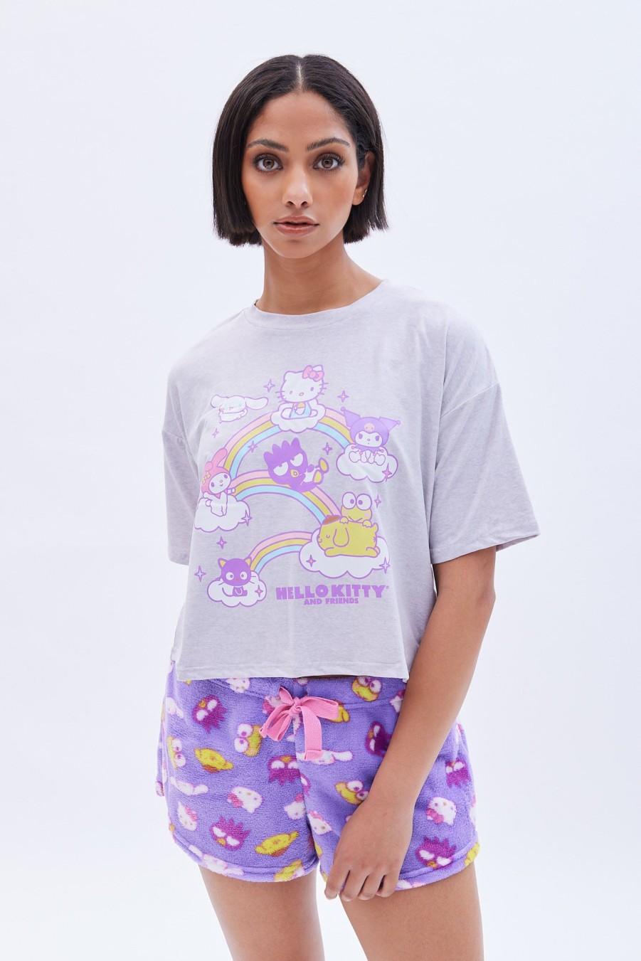 Aux Femmes Aéropostale Ensembles | Ensemble Pyjama Court En Peluche Avec Motif Arc-En-Ciel Hello Kitty Violet