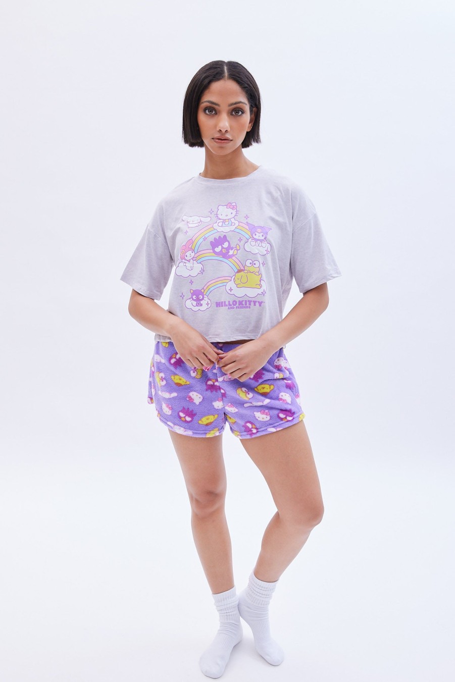 Aux Femmes Aéropostale Ensembles | Ensemble Pyjama Court En Peluche Avec Motif Arc-En-Ciel Hello Kitty Violet