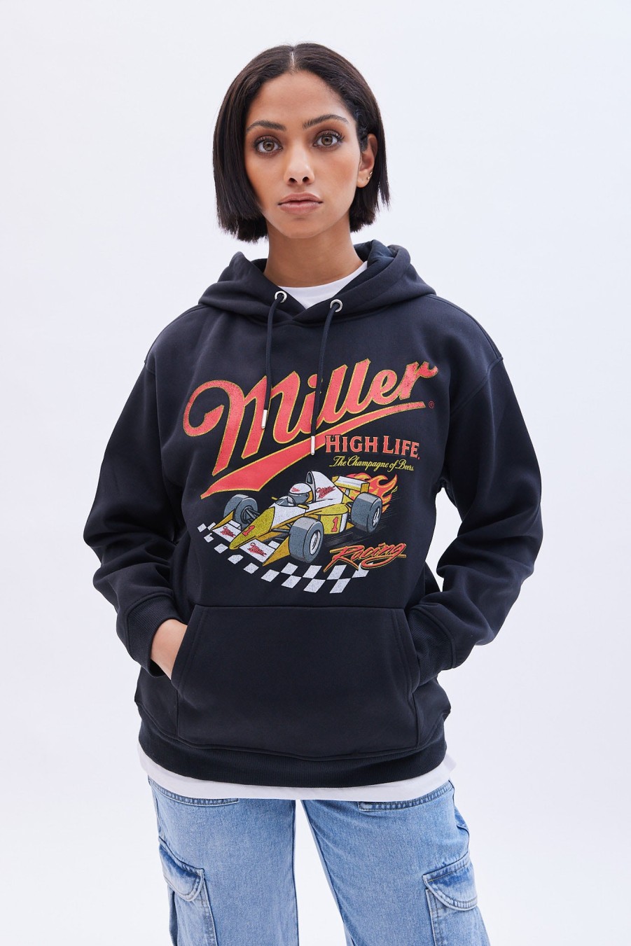 Aux Femmes Aéropostale Sweats A Capuche + Sweat-Shirts | Sweat A Capuche Surdimensionne Avec Motif Miller Racing Noir