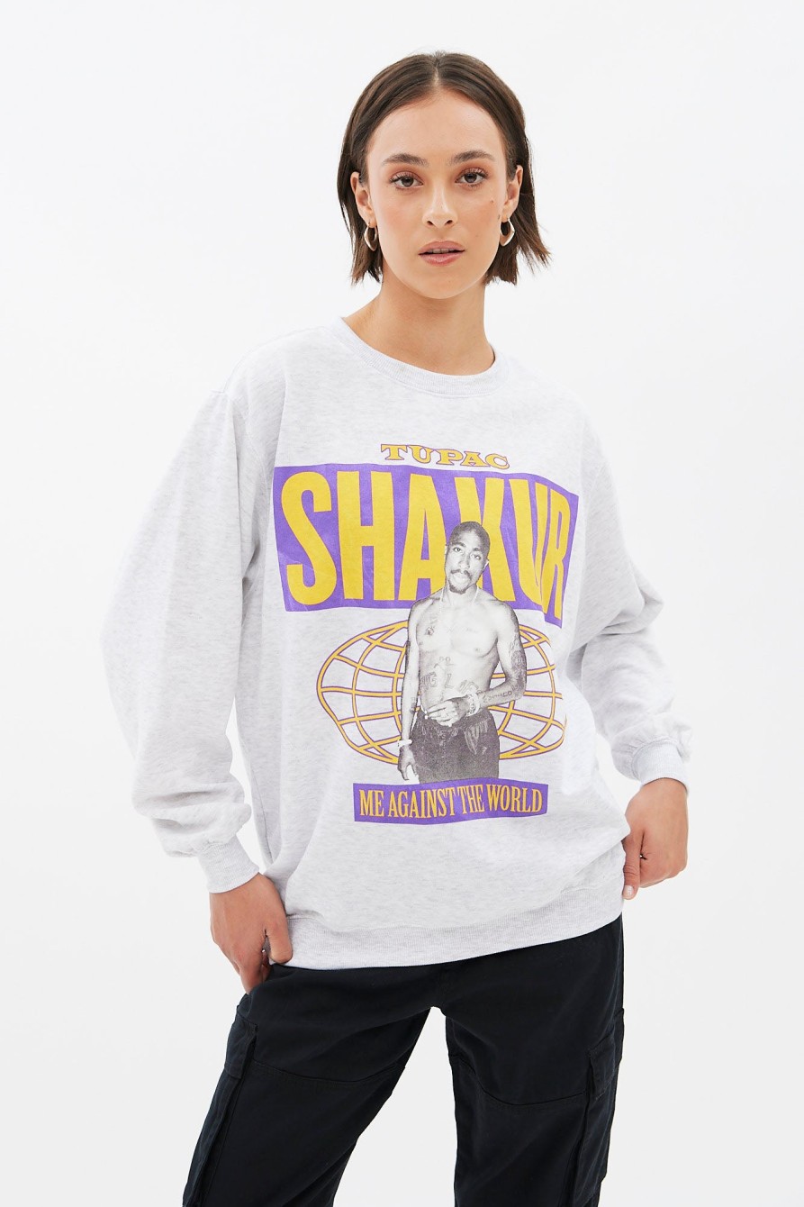 Aux Femmes Aéropostale Musique | Tupac Shakur - Sweat-Shirt Surdimensionne A Col Ras Du Cou Gris