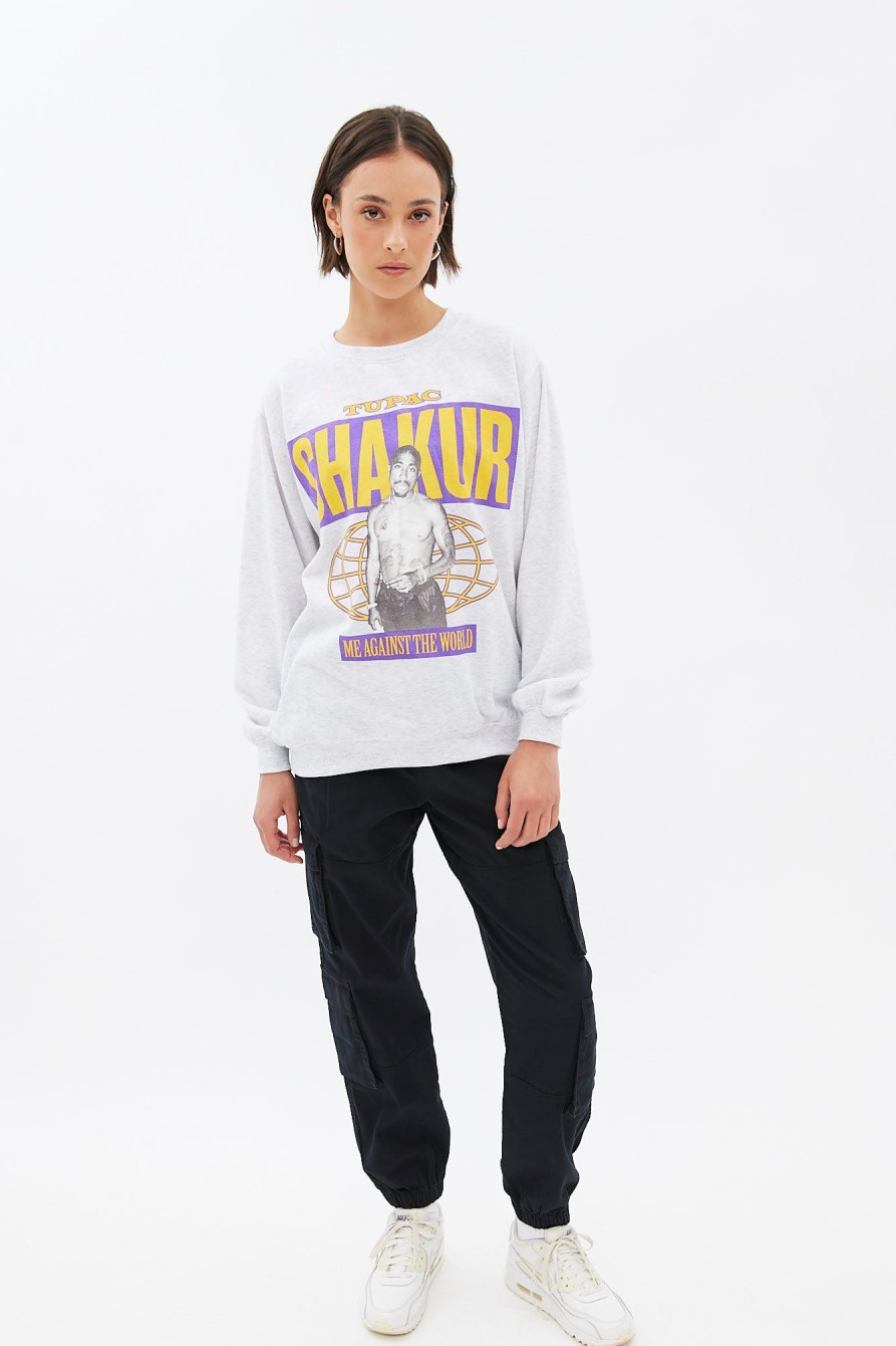 Aux Femmes Aéropostale Musique | Tupac Shakur - Sweat-Shirt Surdimensionne A Col Ras Du Cou Gris