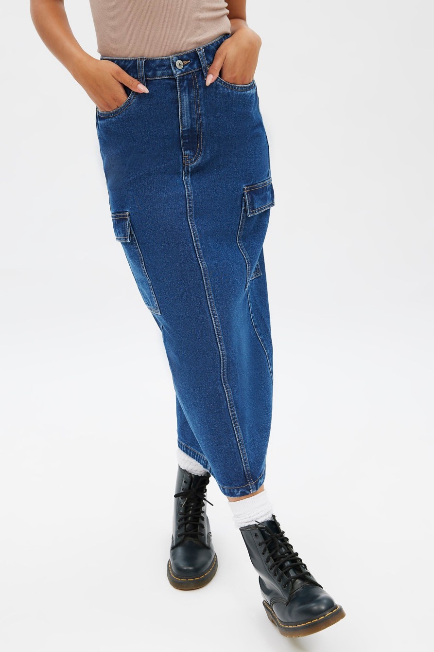 Aux Femmes Notes bleues Jupes | Jupe Longue Cargo En Jean Taille Haute