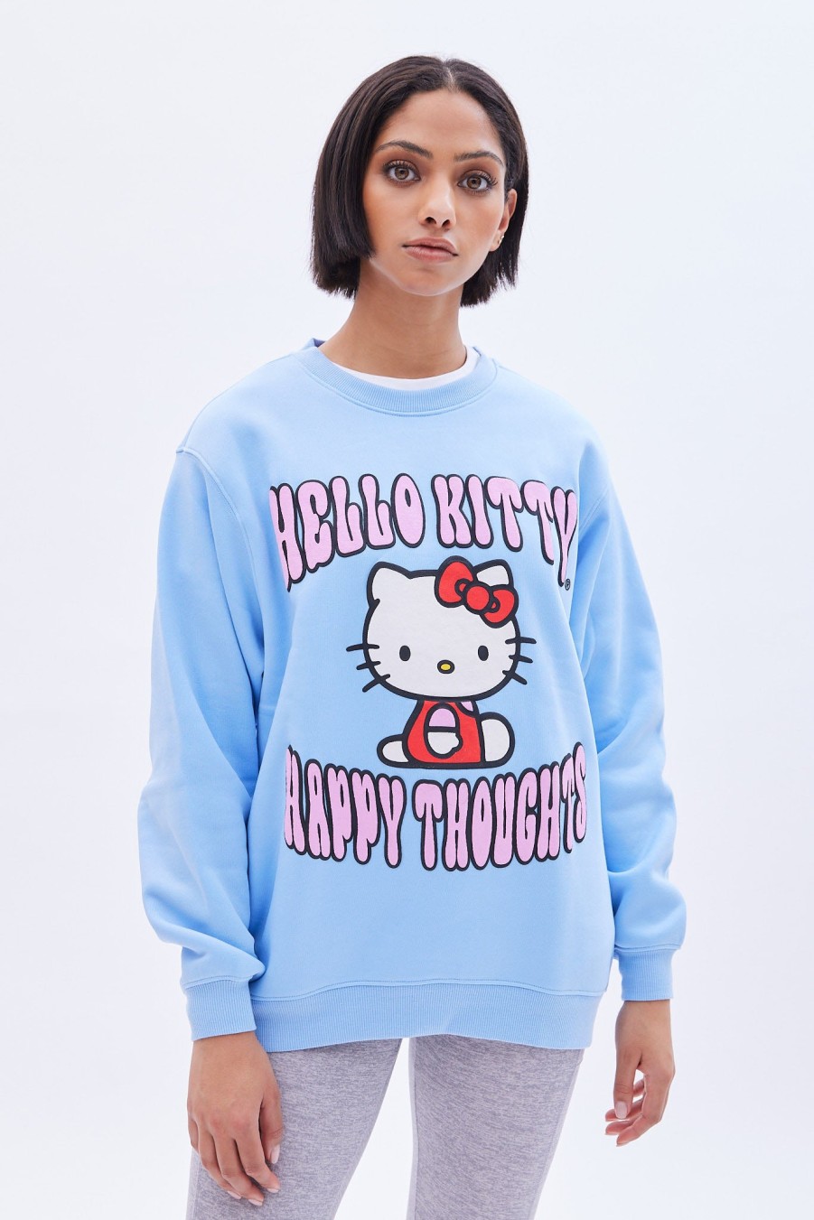 Aux Femmes Aéropostale Sweats A Capuche + Sweat-Shirts | Hello Kitty Happy Thoughts Sweat-Shirt Surdimensionne A Col Ras Du Cou Bleu