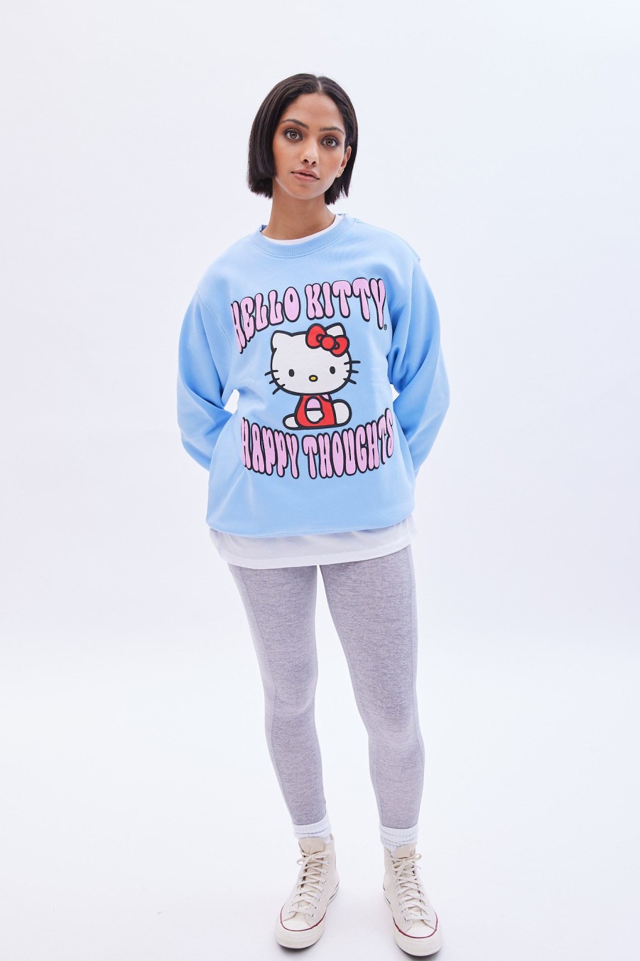 Aux Femmes Aéropostale Sweats A Capuche + Sweat-Shirts | Hello Kitty Happy Thoughts Sweat-Shirt Surdimensionne A Col Ras Du Cou Bleu