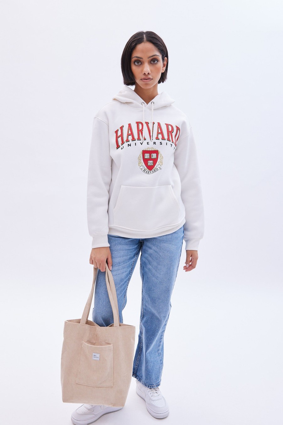 Aux Femmes Aéropostale Sweats A Capuche + Sweat-Shirts | Sweat A Capuche Surdimensionne A Imprime Graphique De L'Universite Harvard Creme