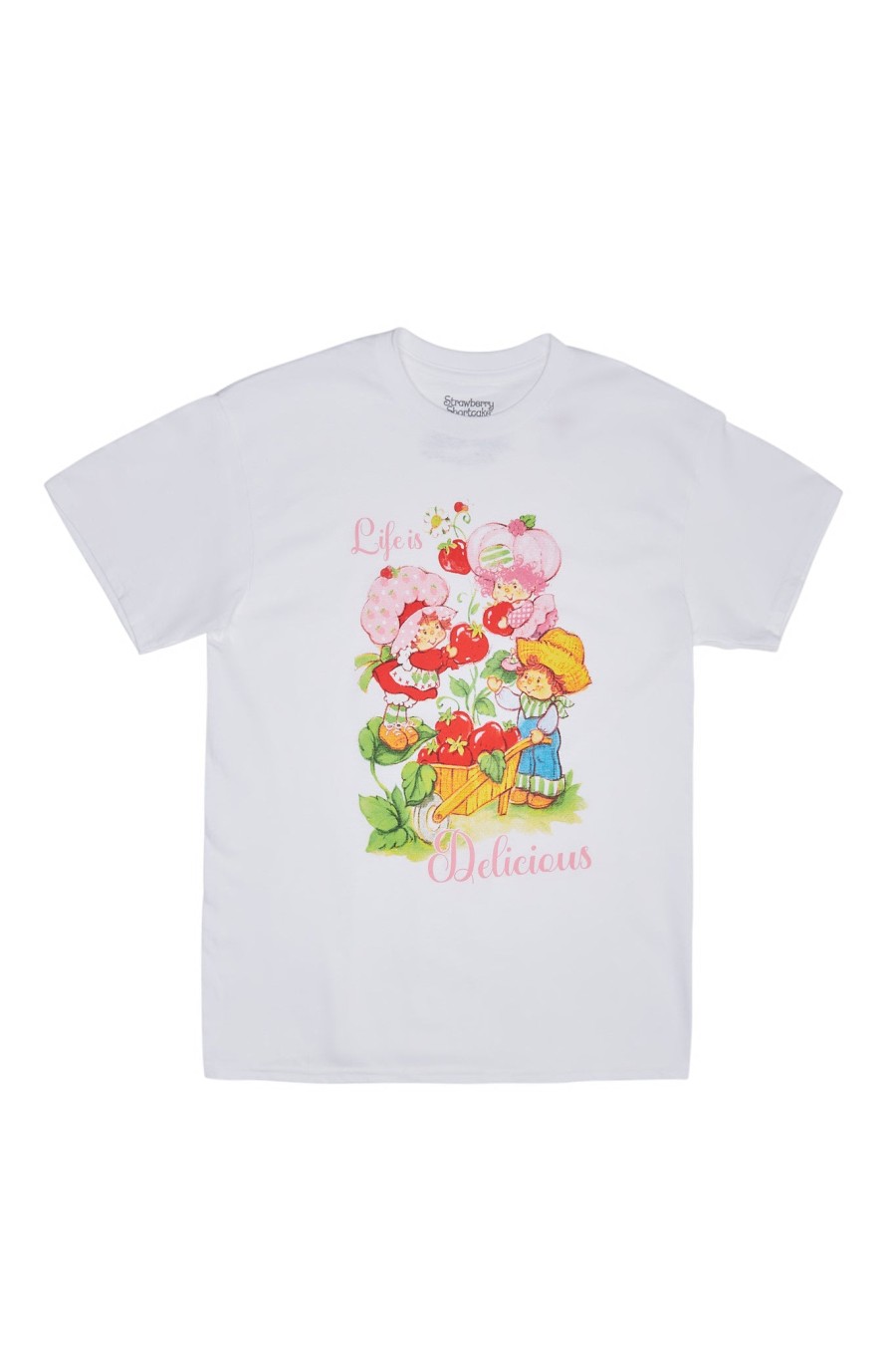 Aux Femmes Notes bleues T-Shirts | Strawberry Shortcake Life Is Delicious T-Shirt Petit Ami Graphique Blanc