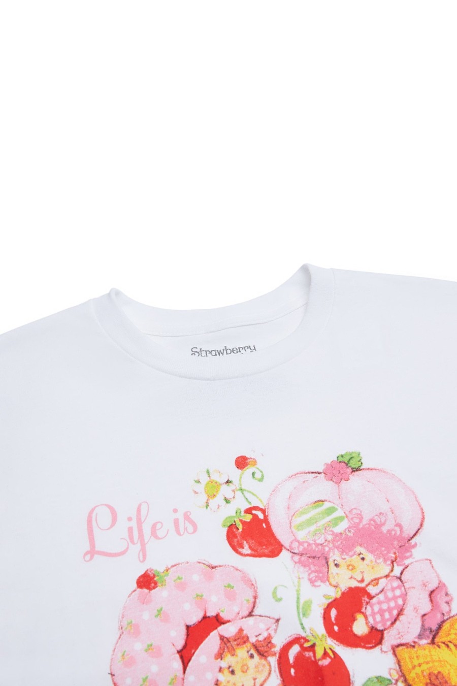 Aux Femmes Notes bleues T-Shirts | Strawberry Shortcake Life Is Delicious T-Shirt Petit Ami Graphique Blanc