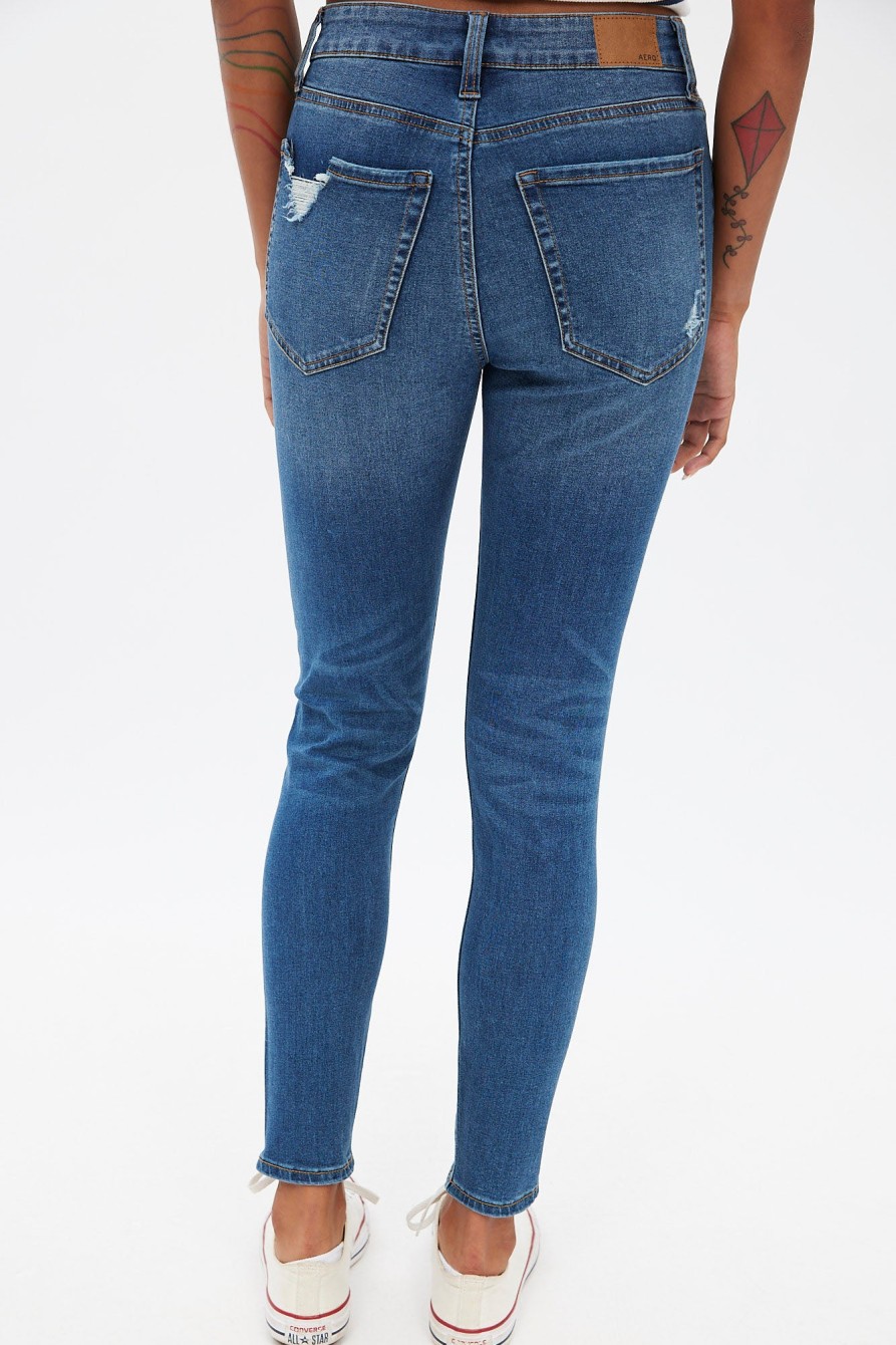 Aux Femmes Aéropostale Jeans | Jegging Aero Tres Extensible A Taille Haute Effet Vieilli Bleu Denim Fonce