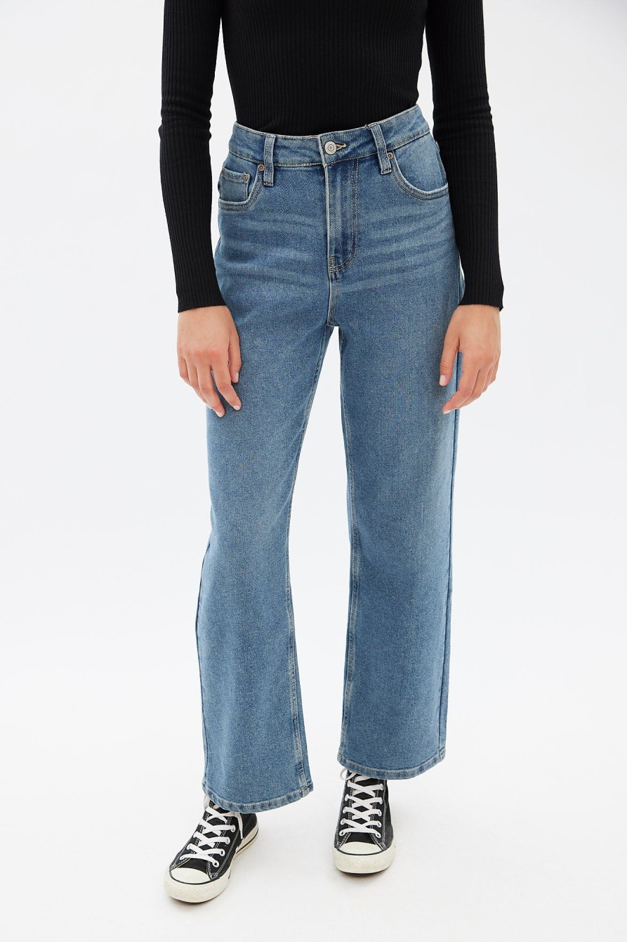 Aux Femmes Notes bleues | Jean Mom Ample Taille Tres Haute Bleu Denim Moyen