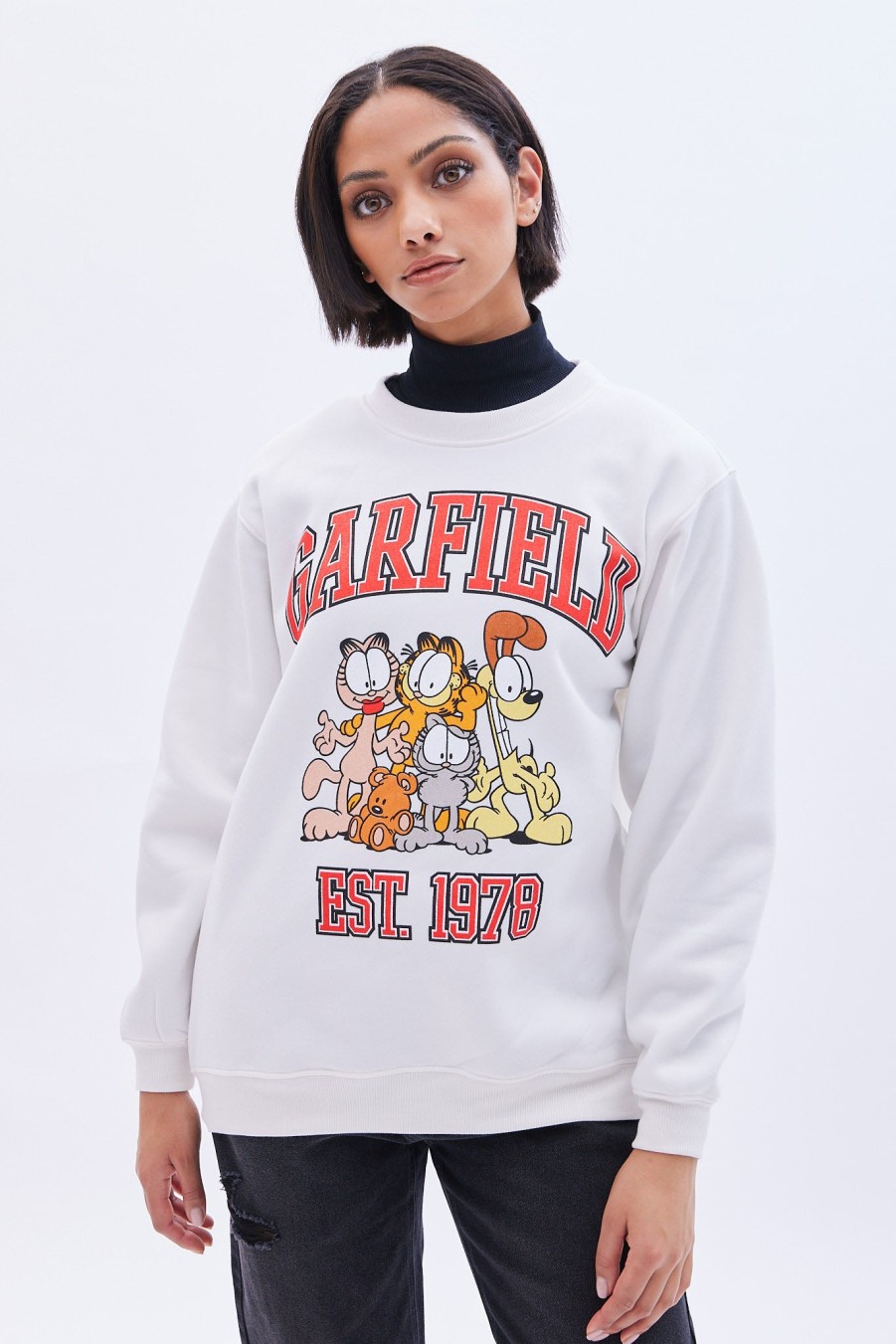 Aux Femmes Aéropostale Culture Pop | Garfield Est 1970 Sweat-Shirt Surdimensionne A Col Rond Graphique Creme