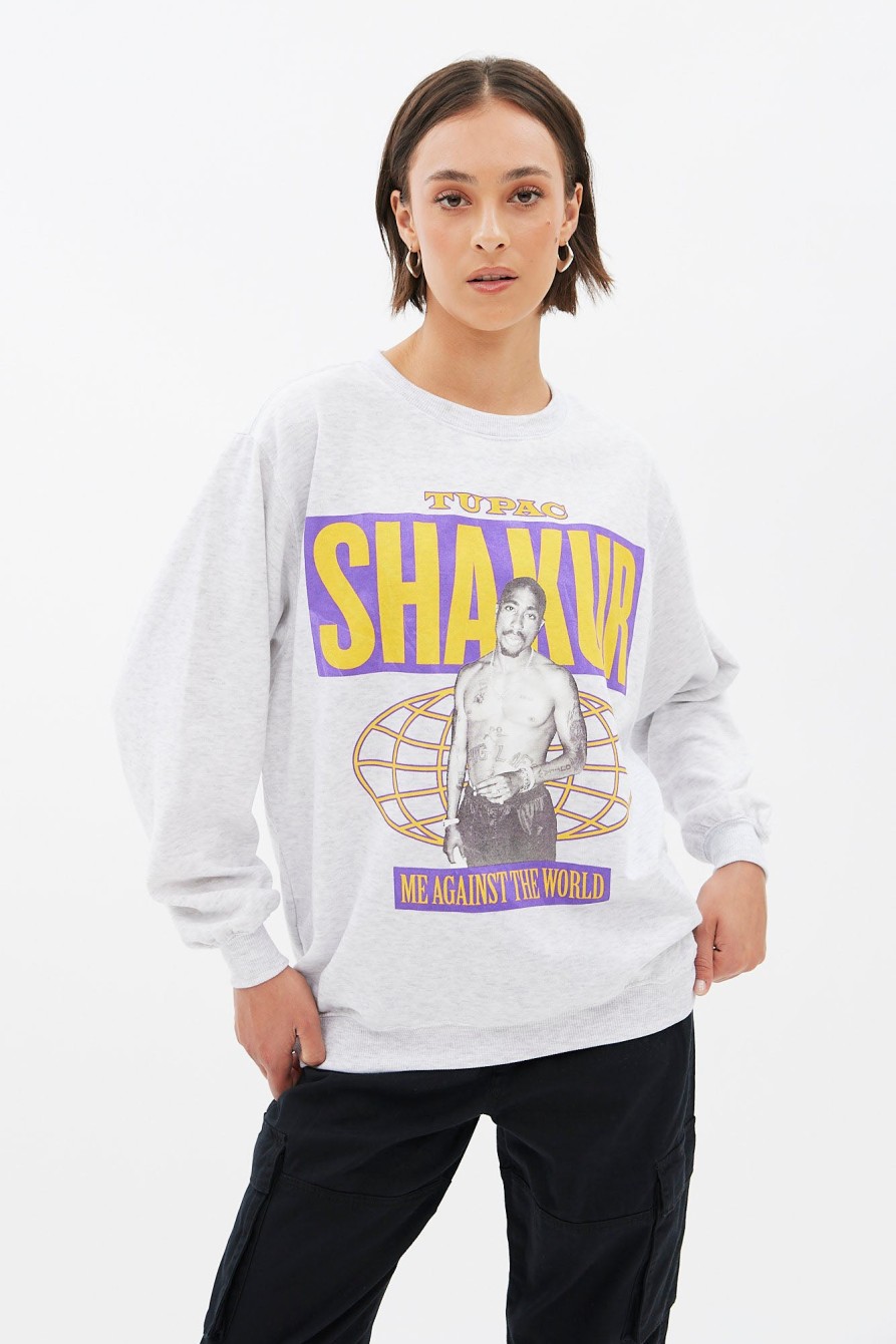 Aux Femmes Aéropostale Sweats A Capuche + Sweat-Shirts | Tupac Shakur - Sweat-Shirt Surdimensionne A Col Ras Du Cou Gris