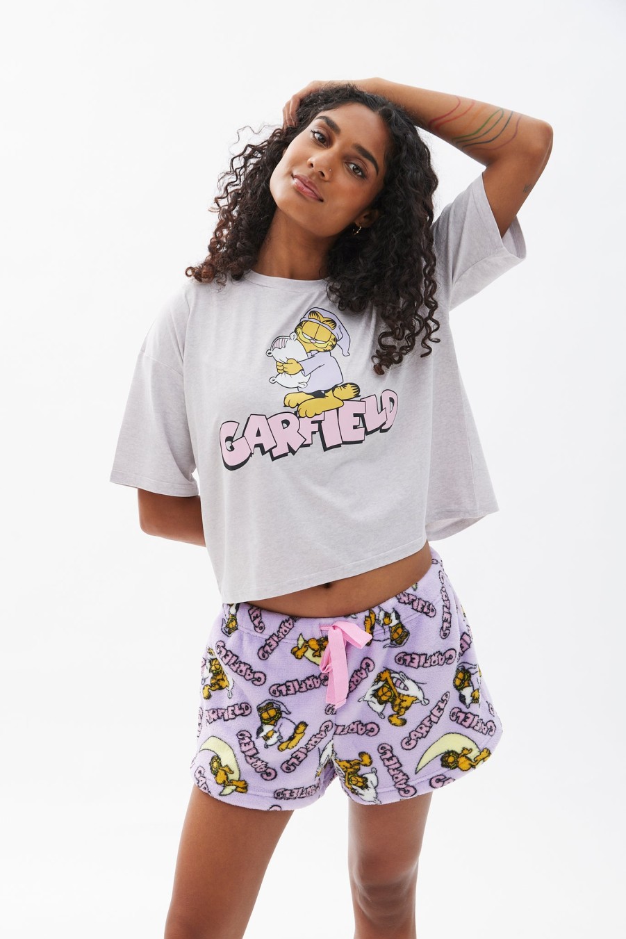 Aux Femmes Aéropostale Ensembles | Ensemble Pyjama Court Et Peluche Graphique Garfield Violet