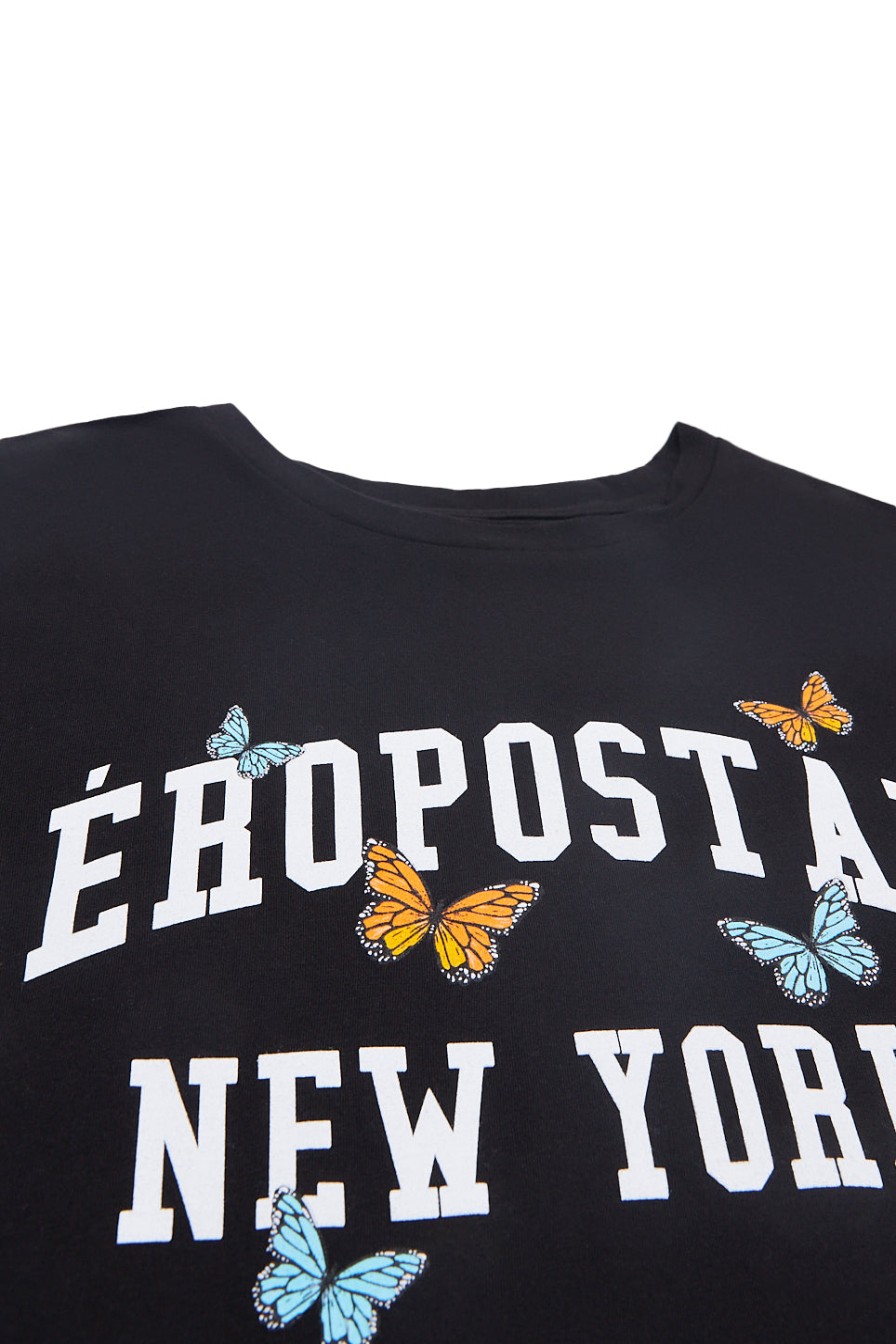 Aux Femmes Aéropostale T-Shirts | T-Shirt Boyfriend Graphique Aeropostale New York Papillons Noir