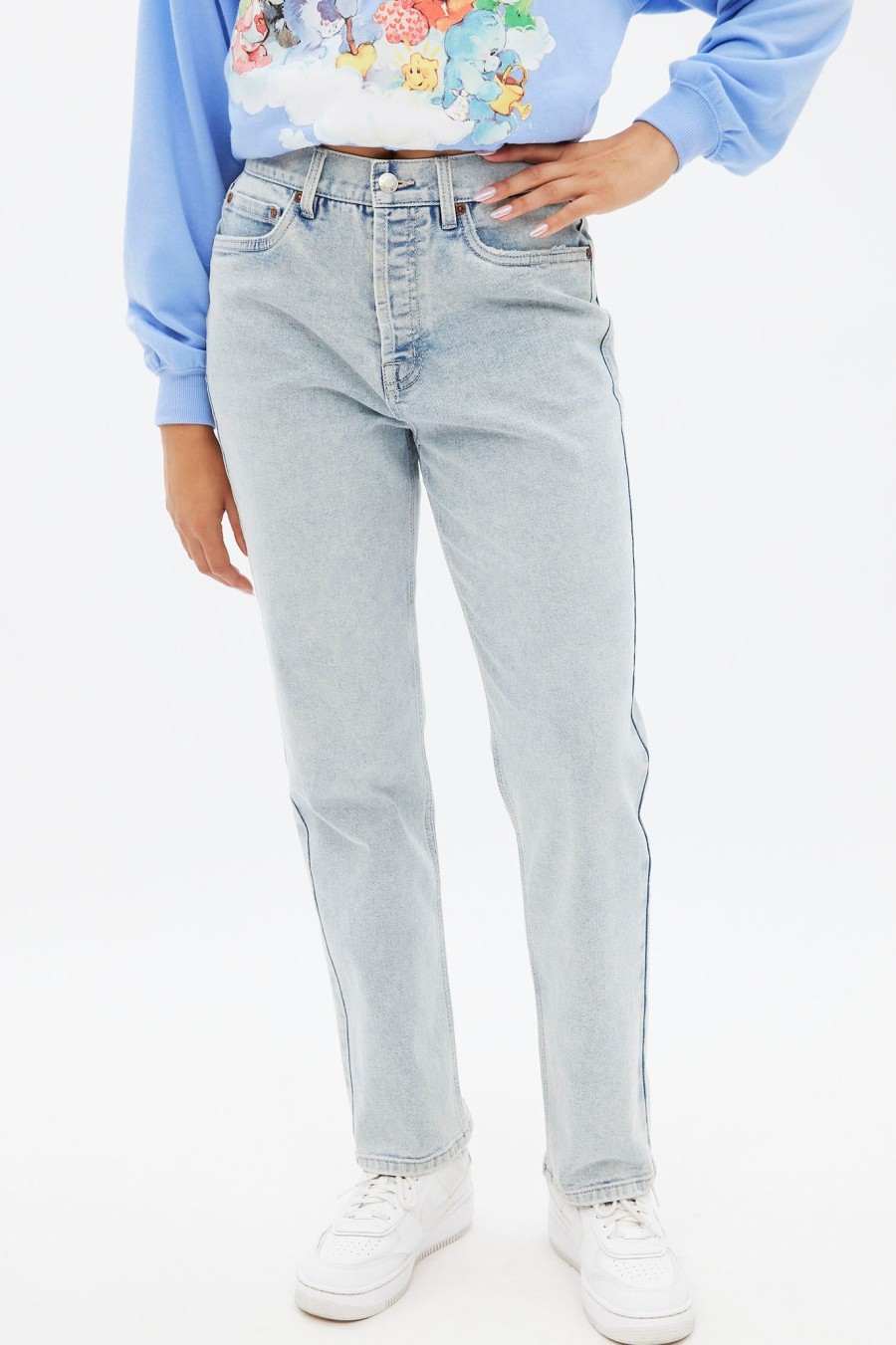 Aux Femmes Notes bleues Jeans | Jean Mom A Jambe Droite Et Taille Tres Haute Bleu Denim Clair