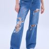 Aux Femmes Notes bleues | Jean A Jambe Large Et Taille Tres Haute Bleu Denim Moyen