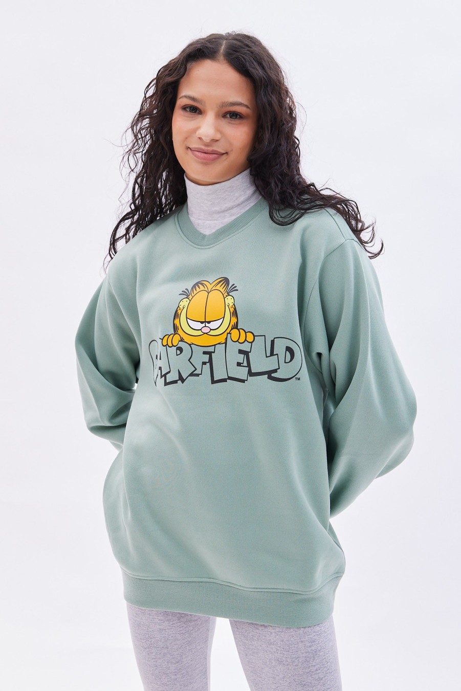 Aux Femmes Aéropostale Culture Pop | Sweat-Shirt Surdimensionne A Col Rond Et Graphique Garfield Sage