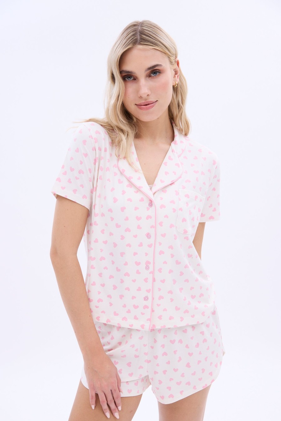 Aux Femmes Notes bleues Ensembles | Chemise De Pyjama Boutonnee Sur Le Devant A Manches Courtes Ultra Douce