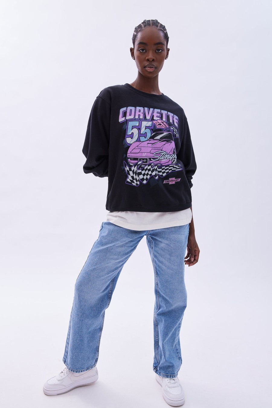 Aux Femmes Aéropostale Moto | Corvette 55' Stingray Racing Graphic Sweat-Shirt Surdimensionne A Col Ras Du Cou Noir