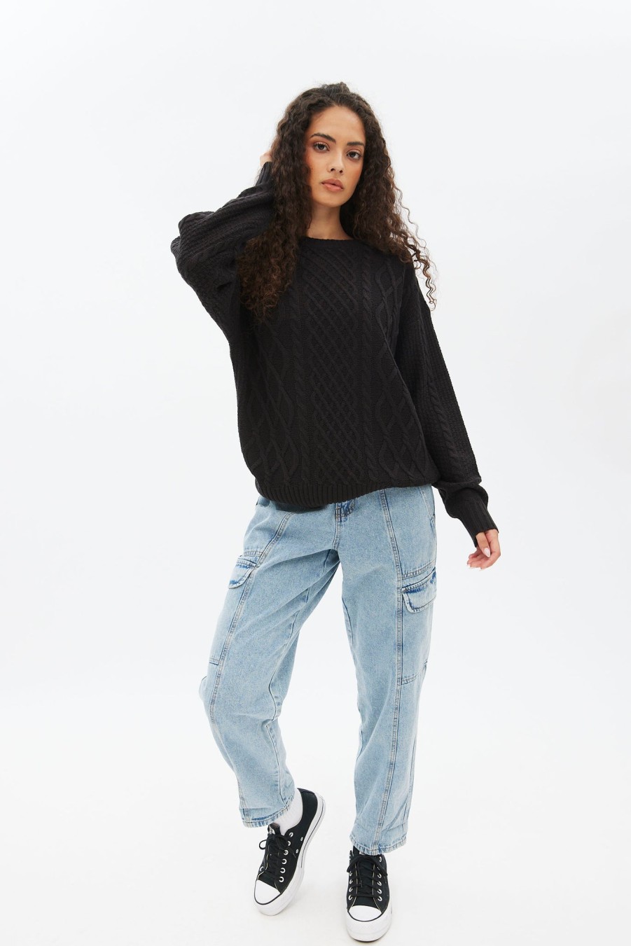 Aux Femmes Notes bleues Pulls + Cardigans | Pull A Col Rond En Tricot Torsade