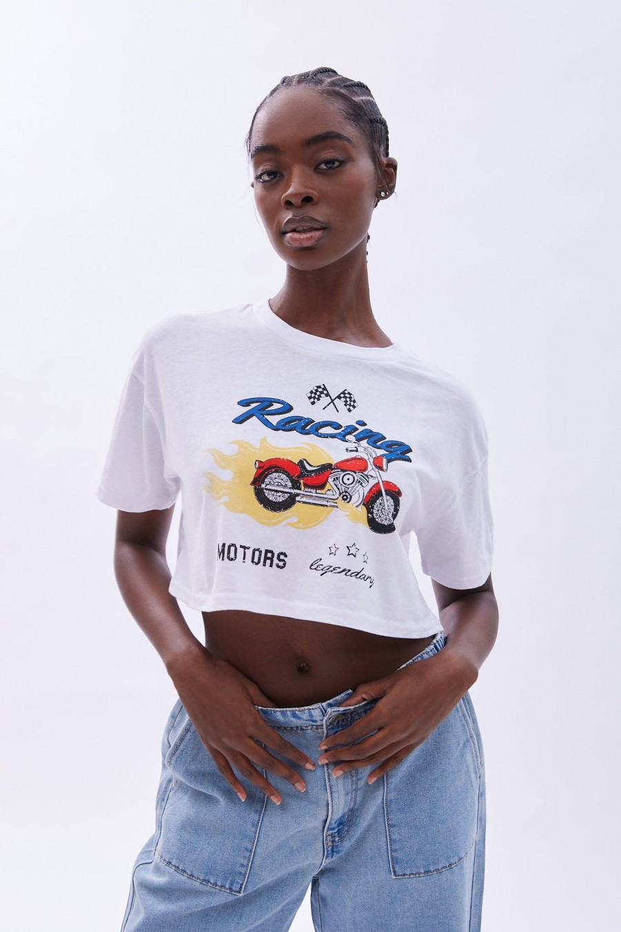 Aux Femmes Notes bleues Moto | T-Shirt Court A Imprime Racing Motors Blanc