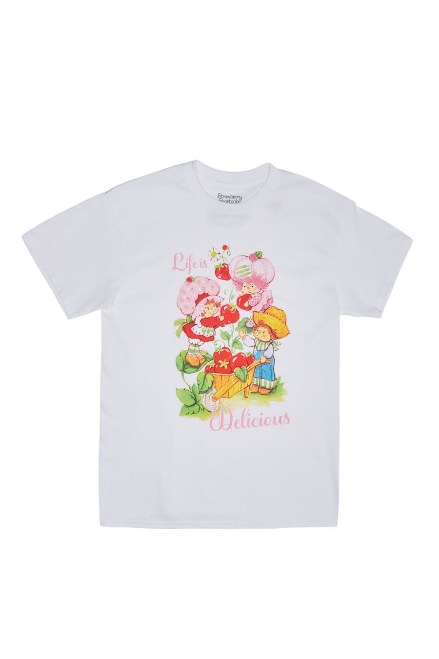 Aux Femmes Notes bleues T-Shirts Graphiques | Strawberry Shortcake Life Is Delicious T-Shirt Petit Ami Graphique Blanc