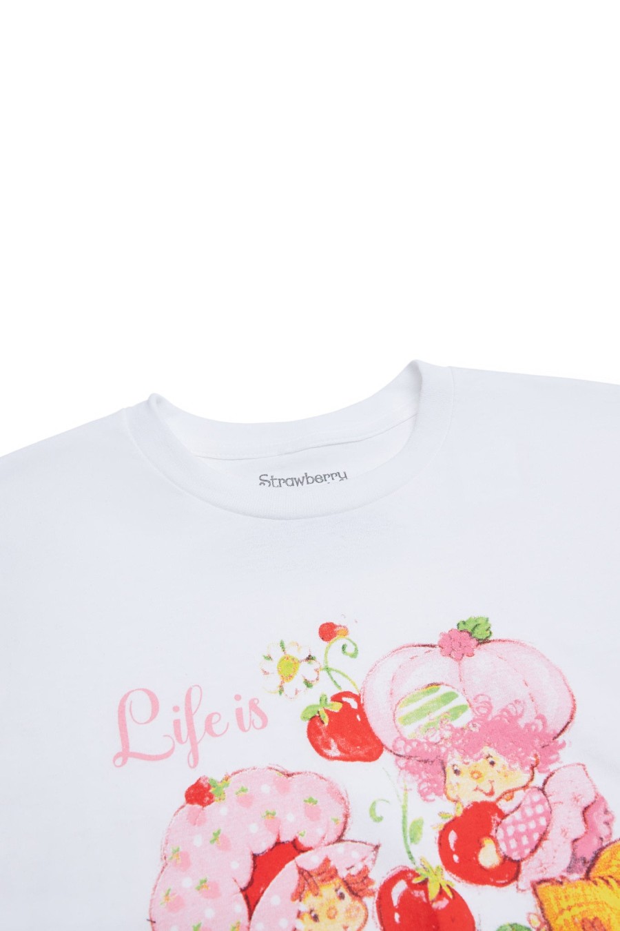 Aux Femmes Notes bleues T-Shirts Graphiques | Strawberry Shortcake Life Is Delicious T-Shirt Petit Ami Graphique Blanc