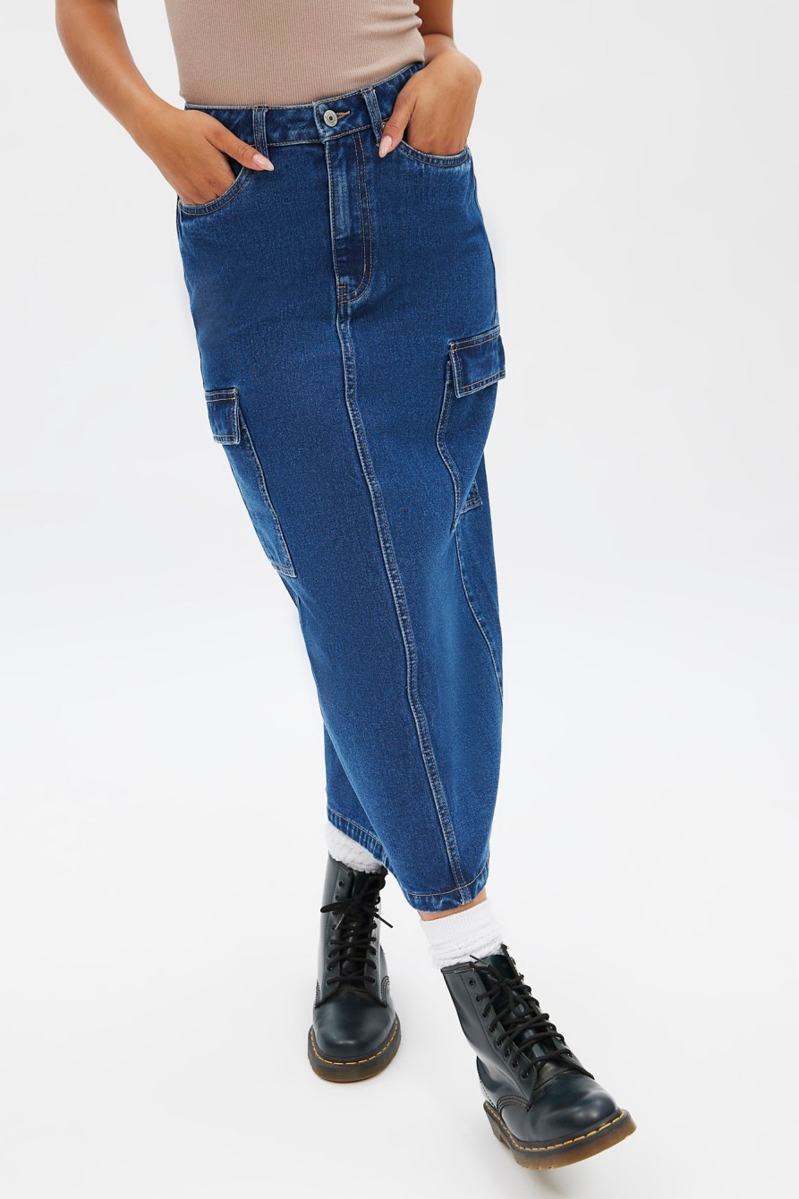 Aux Femmes Notes bleues Cargos + Parachute | Jupe Longue Cargo En Jean Taille Haute