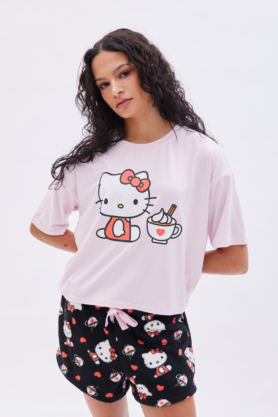 Aux Femmes Aéropostale Ensembles | Ensemble Pyjama Court En Peluche A Motif Hello Kitty Noir