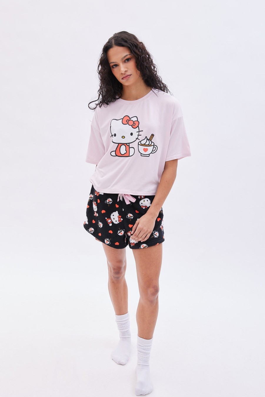 Aux Femmes Aéropostale Ensembles | Ensemble Pyjama Court En Peluche A Motif Hello Kitty Noir