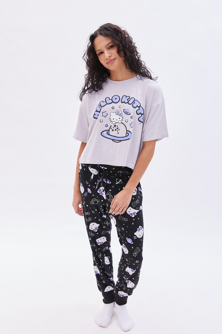 Aux Femmes Aéropostale Ensembles | Ensemble Pyjama Super Doux A Imprime Espace Hello Kitty Noir