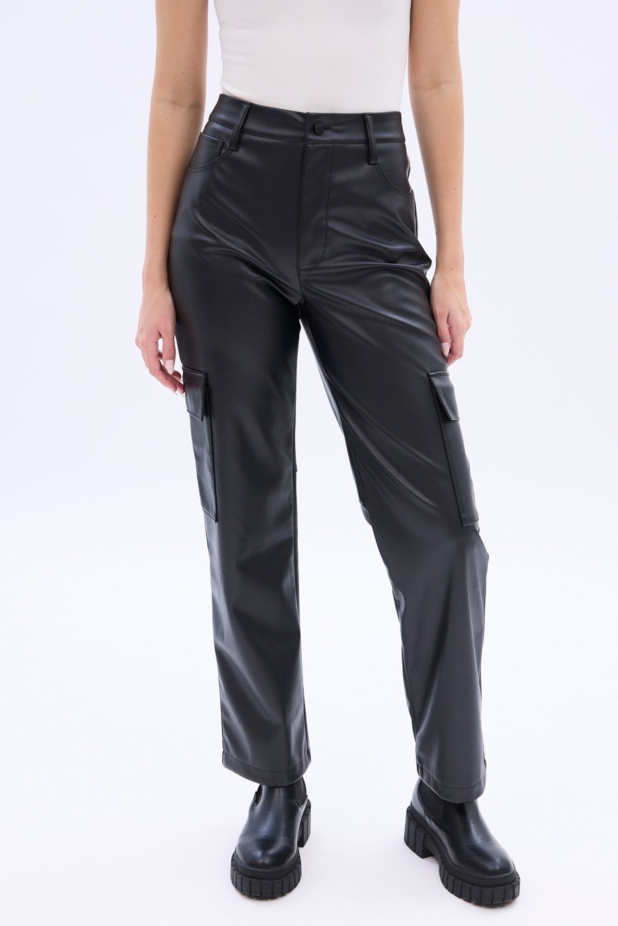 Aux Femmes Notes bleues Cargos + Parachute | Pantalon Cargo Droit Taille Haute En Similicuir Noir