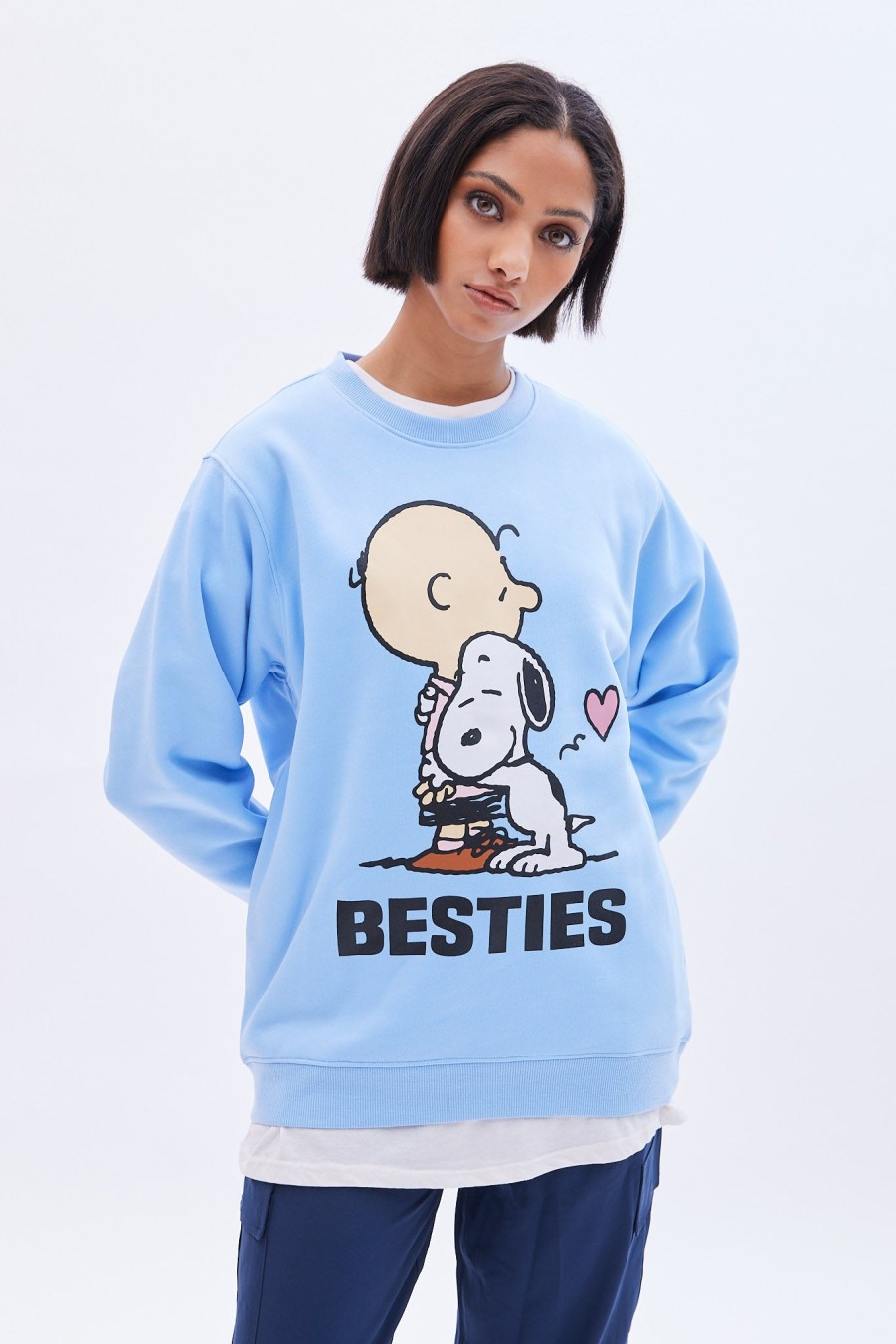 Aux Femmes Aéropostale Culture Pop | Peanuts Snoopy Besties Sweat-Shirt Surdimensionne A Col Ras Du Cou Bleu