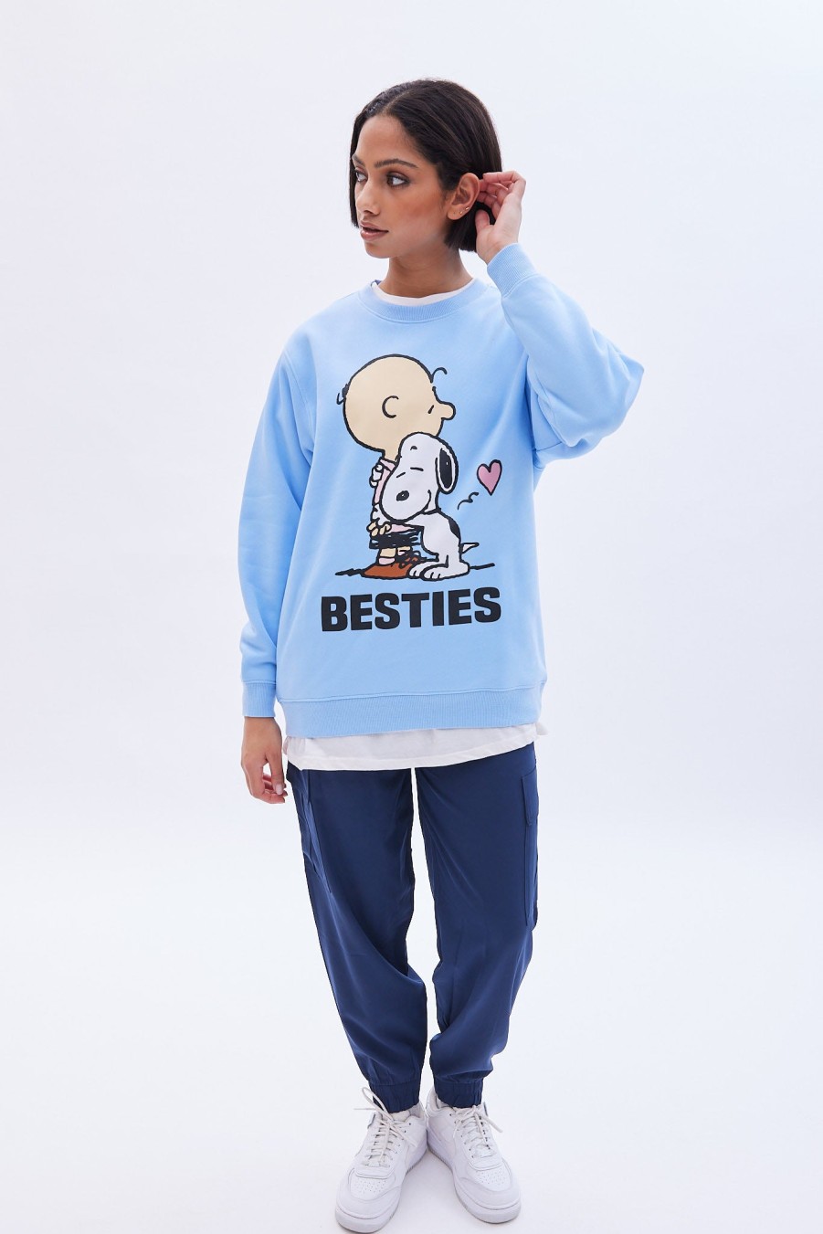 Aux Femmes Aéropostale Culture Pop | Peanuts Snoopy Besties Sweat-Shirt Surdimensionne A Col Ras Du Cou Bleu