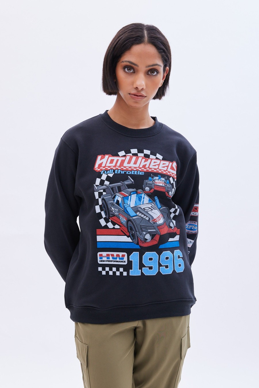 Aux Femmes Aéropostale Moto | Sweat-Shirt Surdimensionne A Col Ras Du Cou Avec Image Hot Wheels Noir