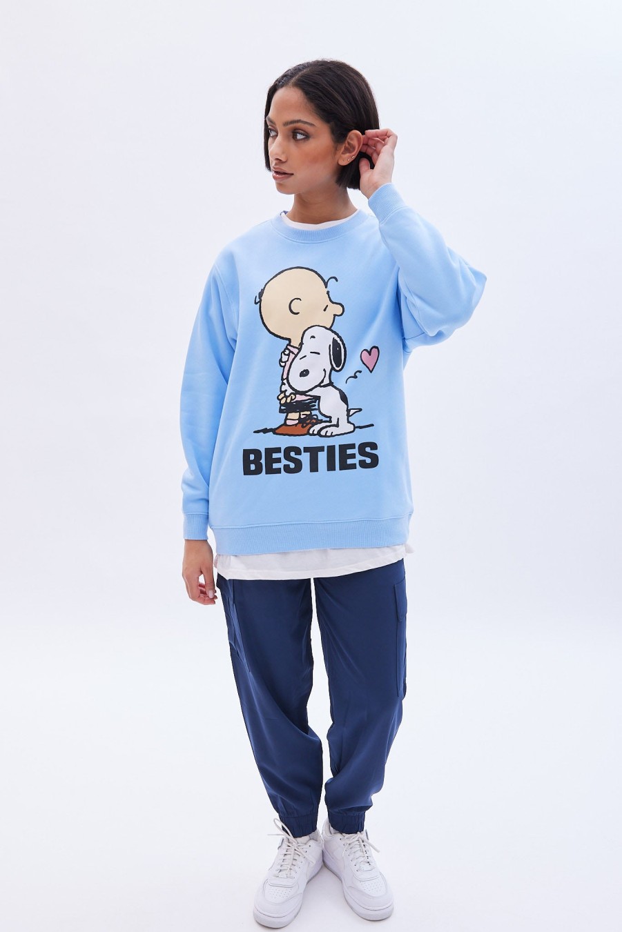 Aux Femmes Aéropostale Sweats A Capuche + Sweat-Shirts | Peanuts Snoopy Besties Sweat-Shirt Surdimensionne A Col Ras Du Cou Bleu