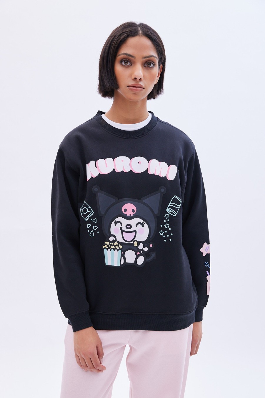 Aux Femmes Aéropostale Sweats A Capuche + Sweat-Shirts | Sweat-Shirt Oversize A Col Ras Du Cou Graphique Hello Kitty Kuromi Noir