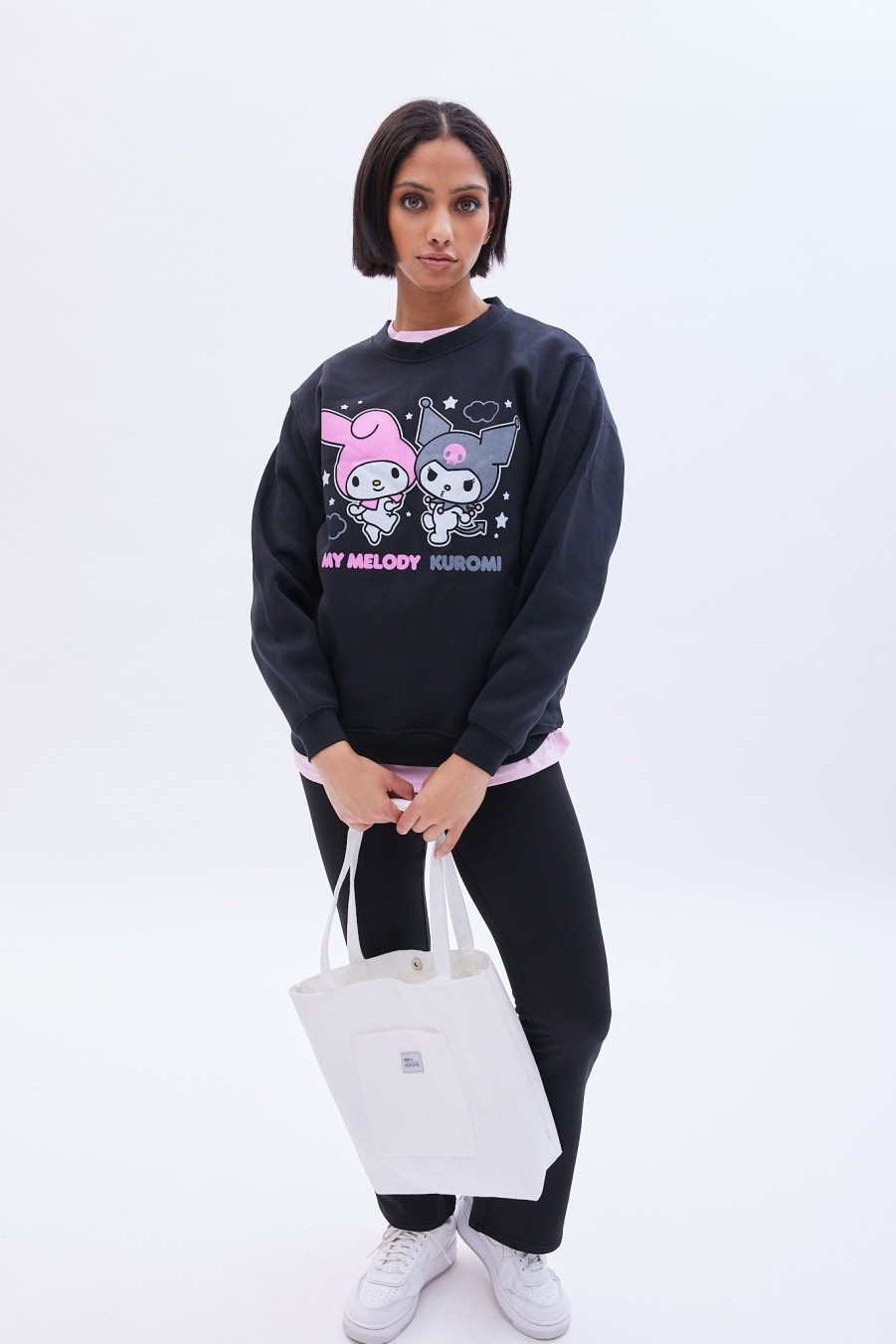 Aux Femmes Aéropostale Sweats A Capuche + Sweat-Shirts | Hello Kitty My Melody Kuromi Sweat-Shirt Surdimensionne A Col Ras Du Cou Noir